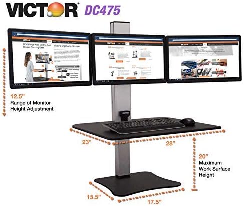 DC475 High Rise Electric Triple Monitor Standing Desk Converter | Three Large Monitor Sit-Stand Desk | 28” Wide Work Surface | Compatible with Any Standard Desk | Adjustable Monitor Holder