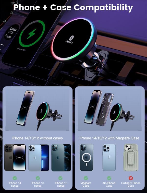 for Magsafe Car Mount Charger-15W Wireless Car Charger-Magnetic Car Phone Holder for Dash Air Vent-Led RGB Handsfree Car Mount Fast Car Charger for Iphone 14/13/12 Series
