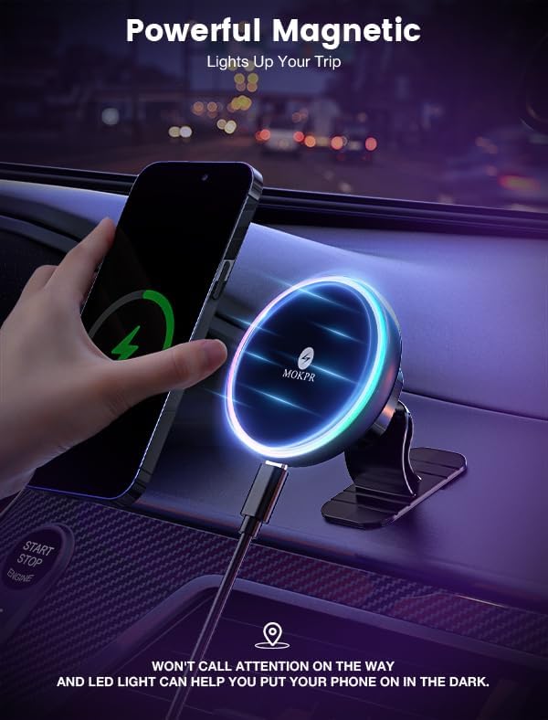 for Magsafe Car Mount Charger-15W Wireless Car Charger-Magnetic Car Phone Holder for Dash Air Vent-Led RGB Handsfree Car Mount Fast Car Charger for Iphone 14/13/12 Series