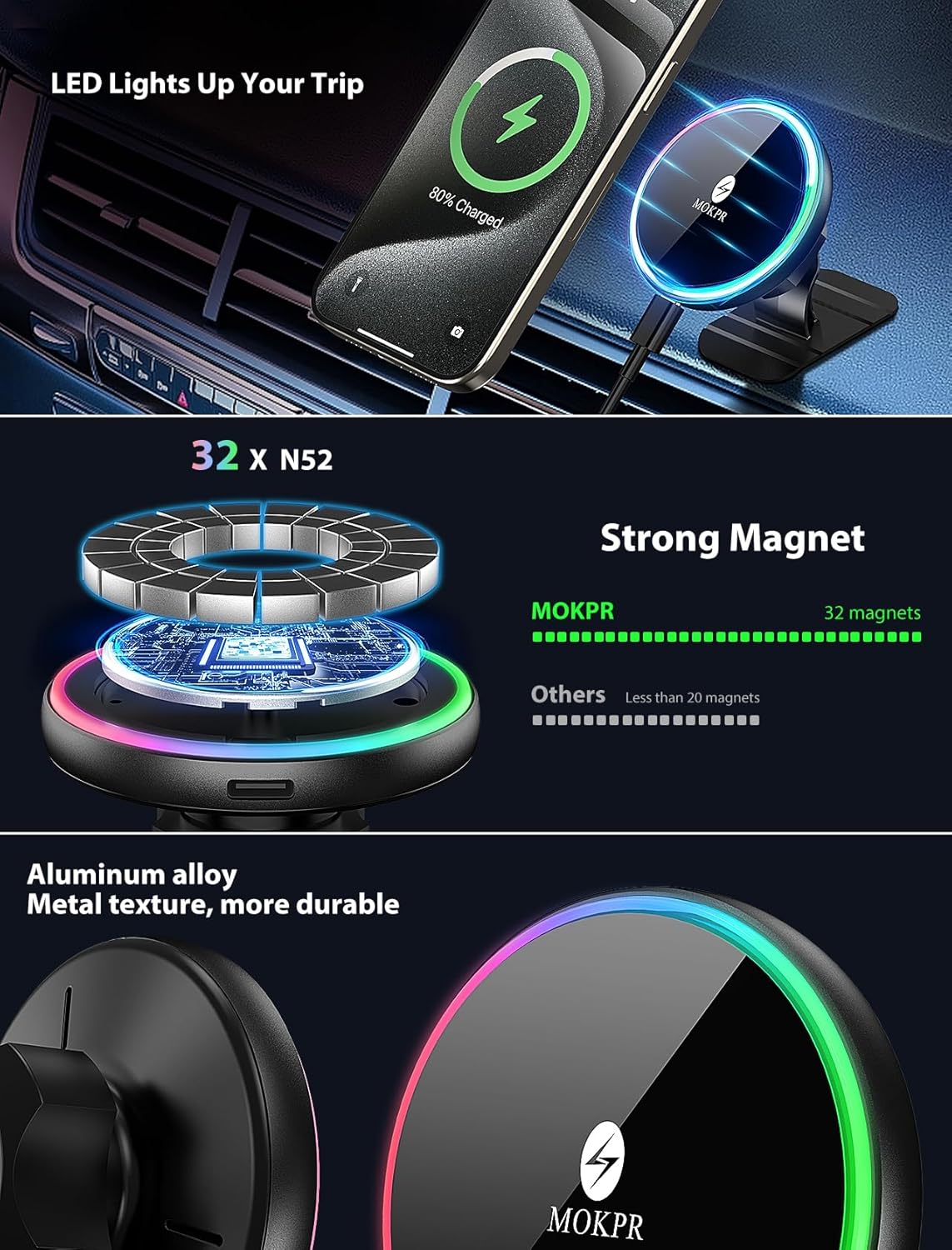for Magsafe Car Mount Charger-15W Wireless Car Charger-Magnetic Car Phone Holder for Dash Air Vent-Led RGB Handsfree Car Mount Fast Car Charger for Iphone 14/13/12 Series