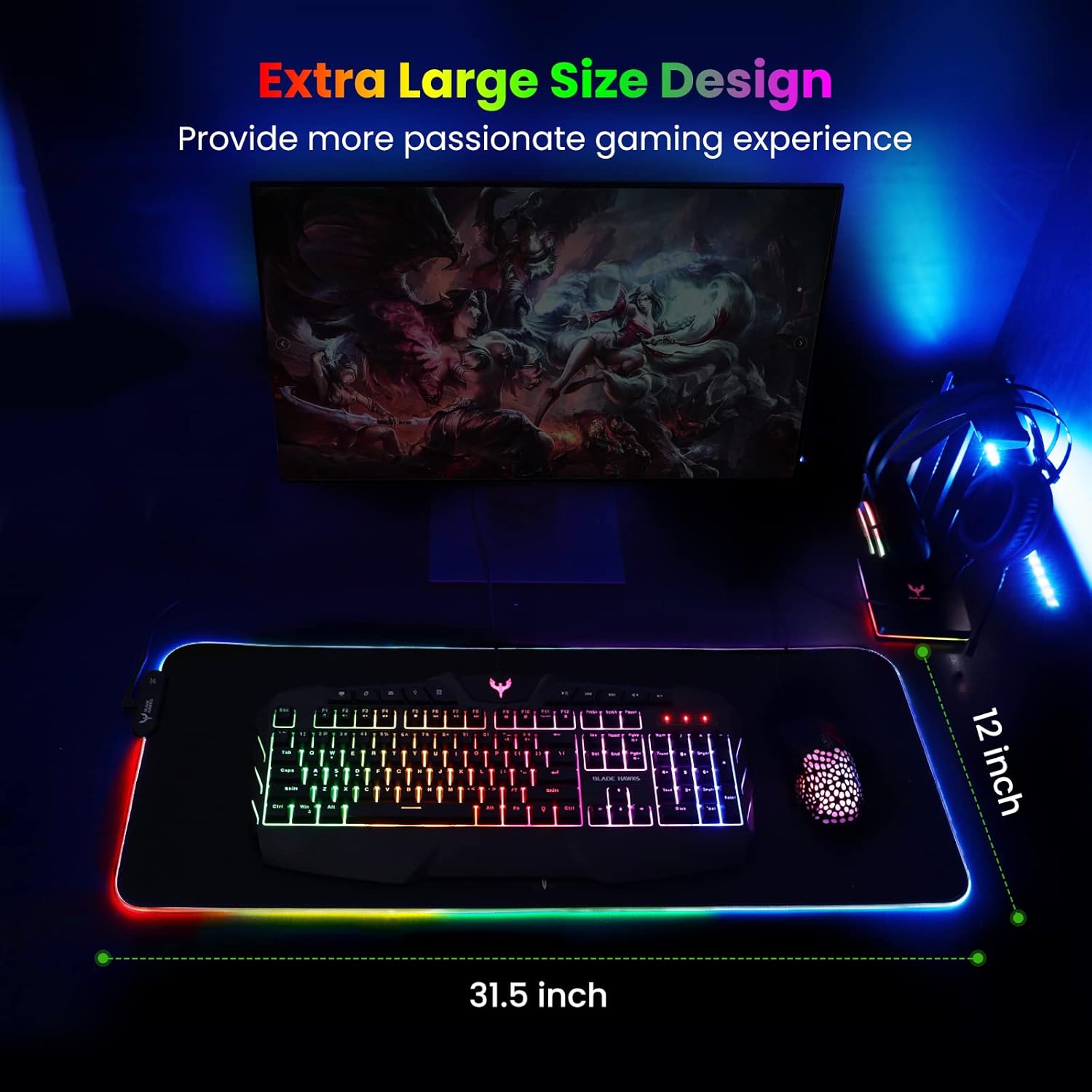 Extra Large RGB Gaming Mouse Pad-14 Light Modes, Extended Soft LED Mouse Pad, Anti-Slip Rubber Base, Computer Keyboard Mousepad Mat (31.5 X 12 Inch)