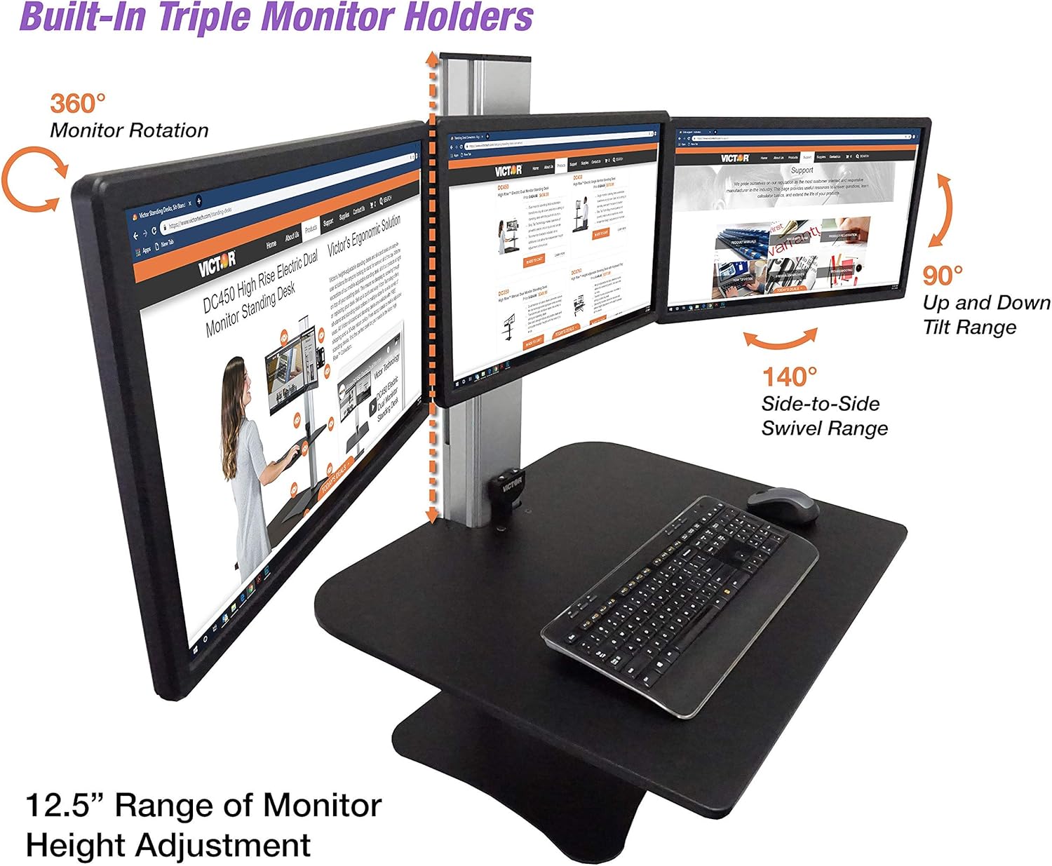 DC475 High Rise Electric Triple Monitor Standing Desk Converter | Three Large Monitor Sit-Stand Desk | 28” Wide Work Surface | Compatible with Any Standard Desk | Adjustable Monitor Holder