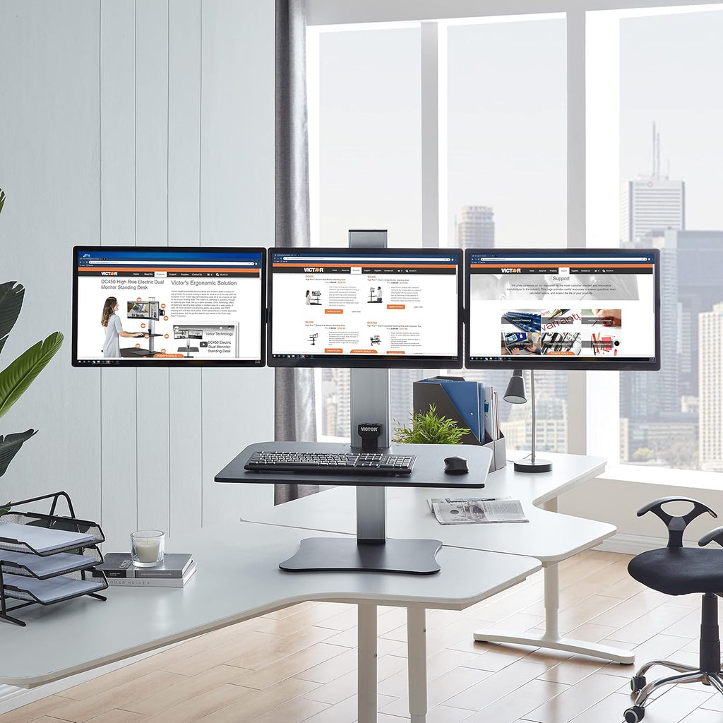 DC475 High Rise Electric Triple Monitor Standing Desk Converter | Three Large Monitor Sit-Stand Desk | 28” Wide Work Surface | Compatible with Any Standard Desk | Adjustable Monitor Holder