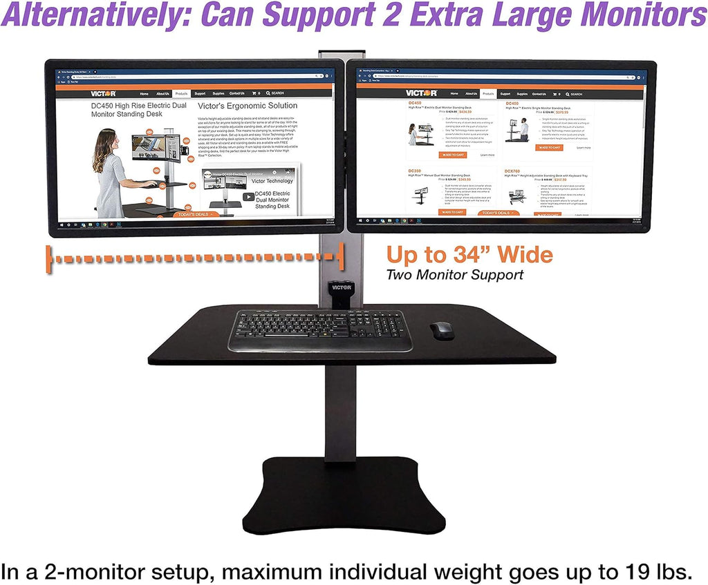 DC475 High Rise Electric Triple Monitor Standing Desk Converter | Three Large Monitor Sit-Stand Desk | 28” Wide Work Surface | Compatible with Any Standard Desk | Adjustable Monitor Holder