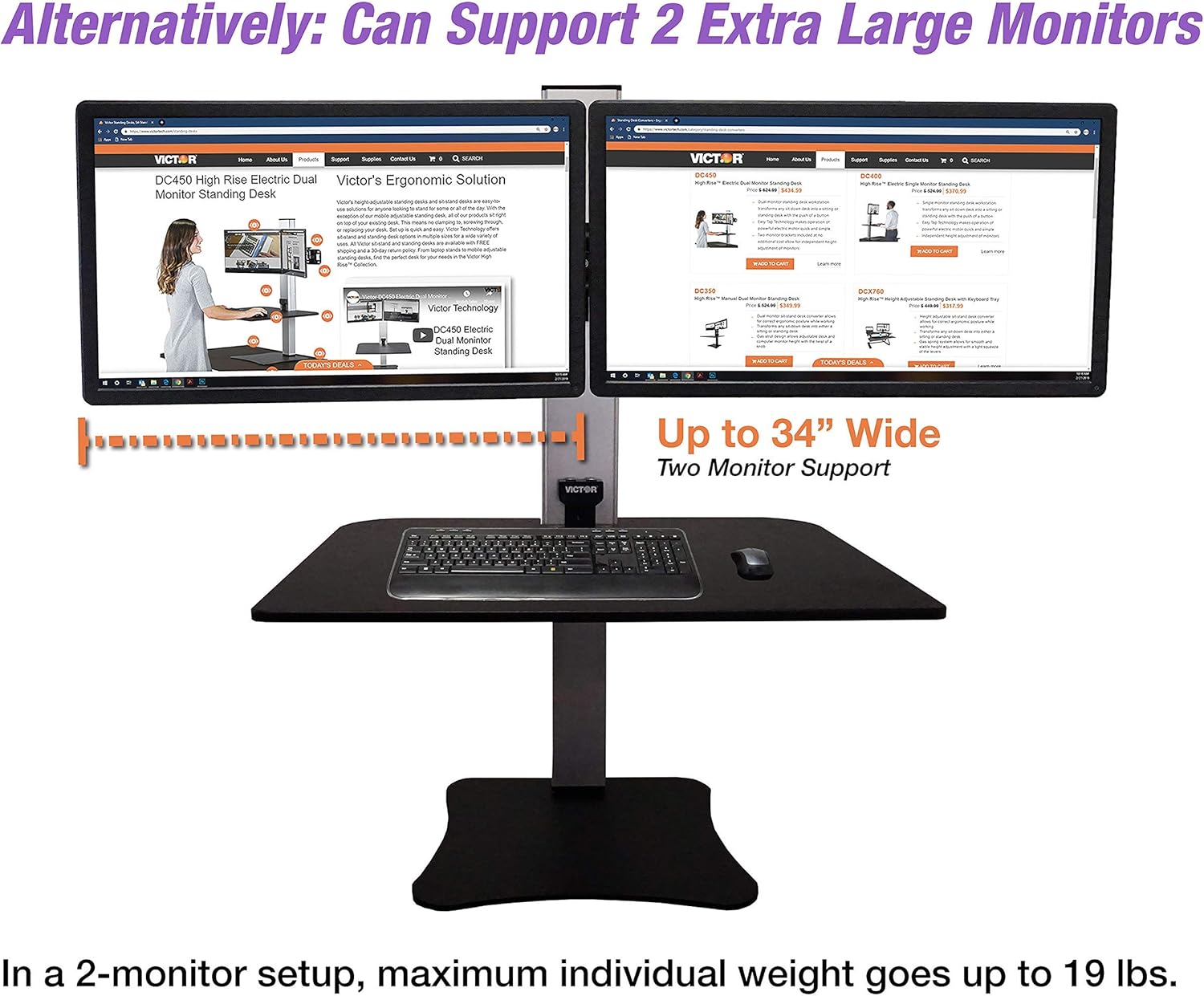 DC475 High Rise Electric Triple Monitor Standing Desk Converter | Three Large Monitor Sit-Stand Desk | 28” Wide Work Surface | Compatible with Any Standard Desk | Adjustable Monitor Holder
