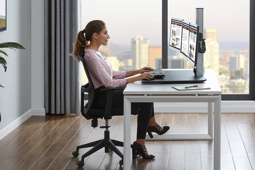 DC475 High Rise Electric Triple Monitor Standing Desk Converter | Three Large Monitor Sit-Stand Desk | 28” Wide Work Surface | Compatible with Any Standard Desk | Adjustable Monitor Holder