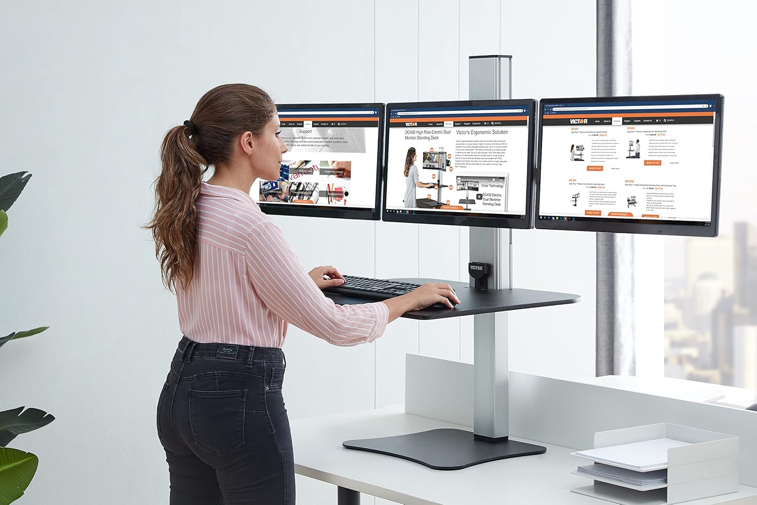 DC475 High Rise Electric Triple Monitor Standing Desk Converter | Three Large Monitor Sit-Stand Desk | 28” Wide Work Surface | Compatible with Any Standard Desk | Adjustable Monitor Holder
