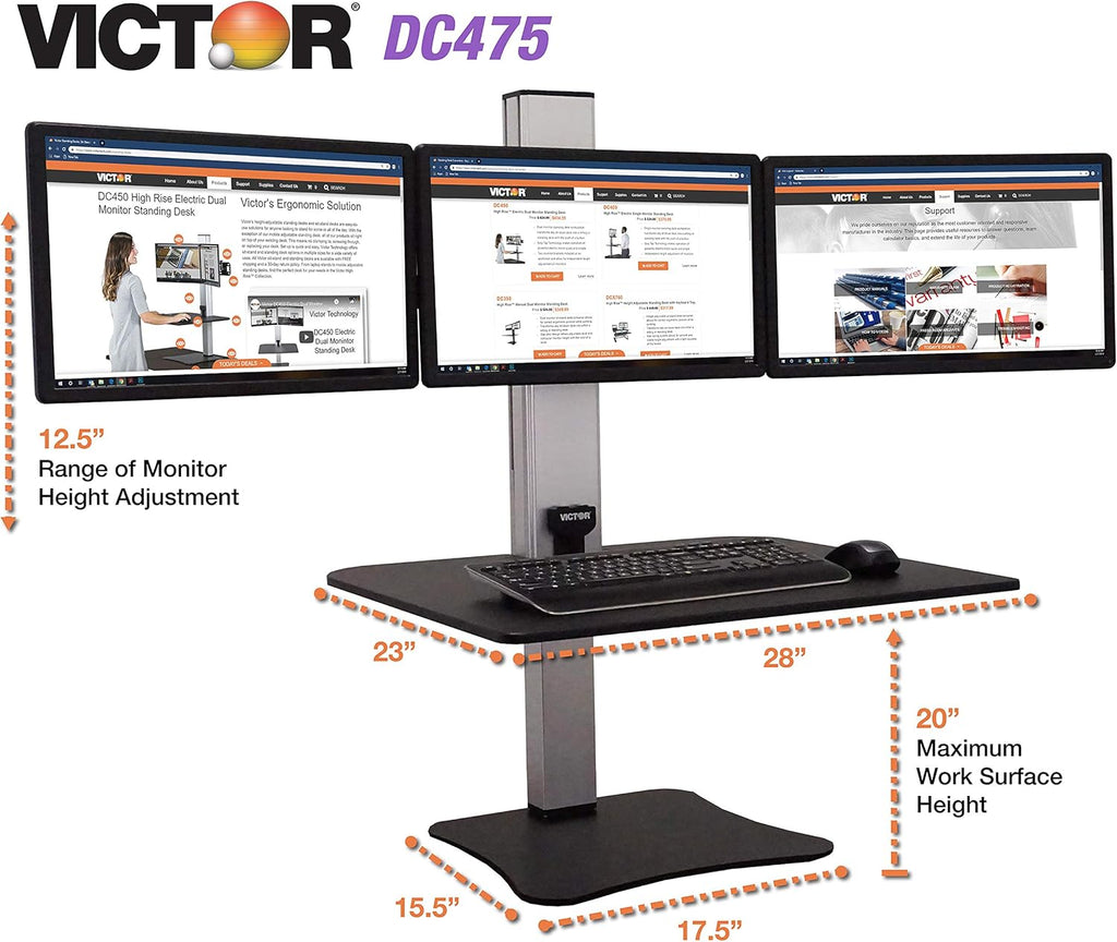 DC475 High Rise Electric Triple Monitor Standing Desk Converter | Three Large Monitor Sit-Stand Desk | 28” Wide Work Surface | Compatible with Any Standard Desk | Adjustable Monitor Holder