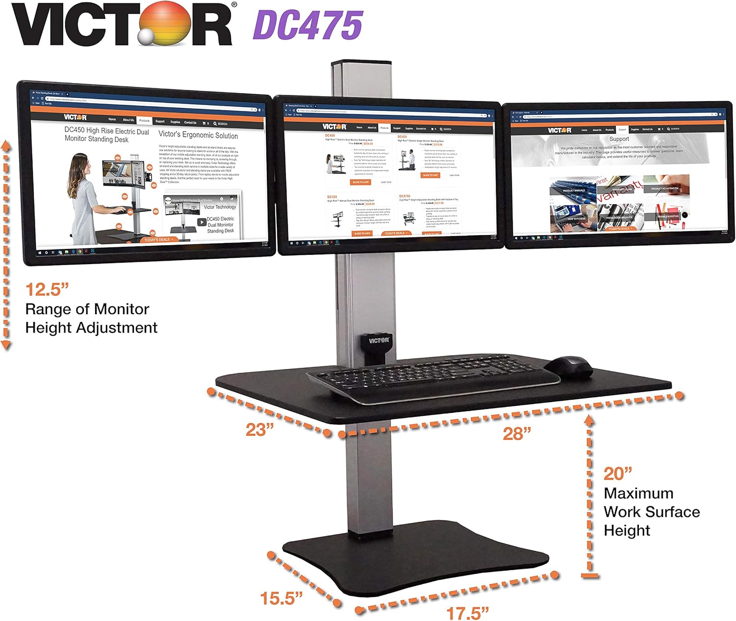 DC475 High Rise Electric Triple Monitor Standing Desk Converter | Three Large Monitor Sit-Stand Desk | 28” Wide Work Surface | Compatible with Any Standard Desk | Adjustable Monitor Holder