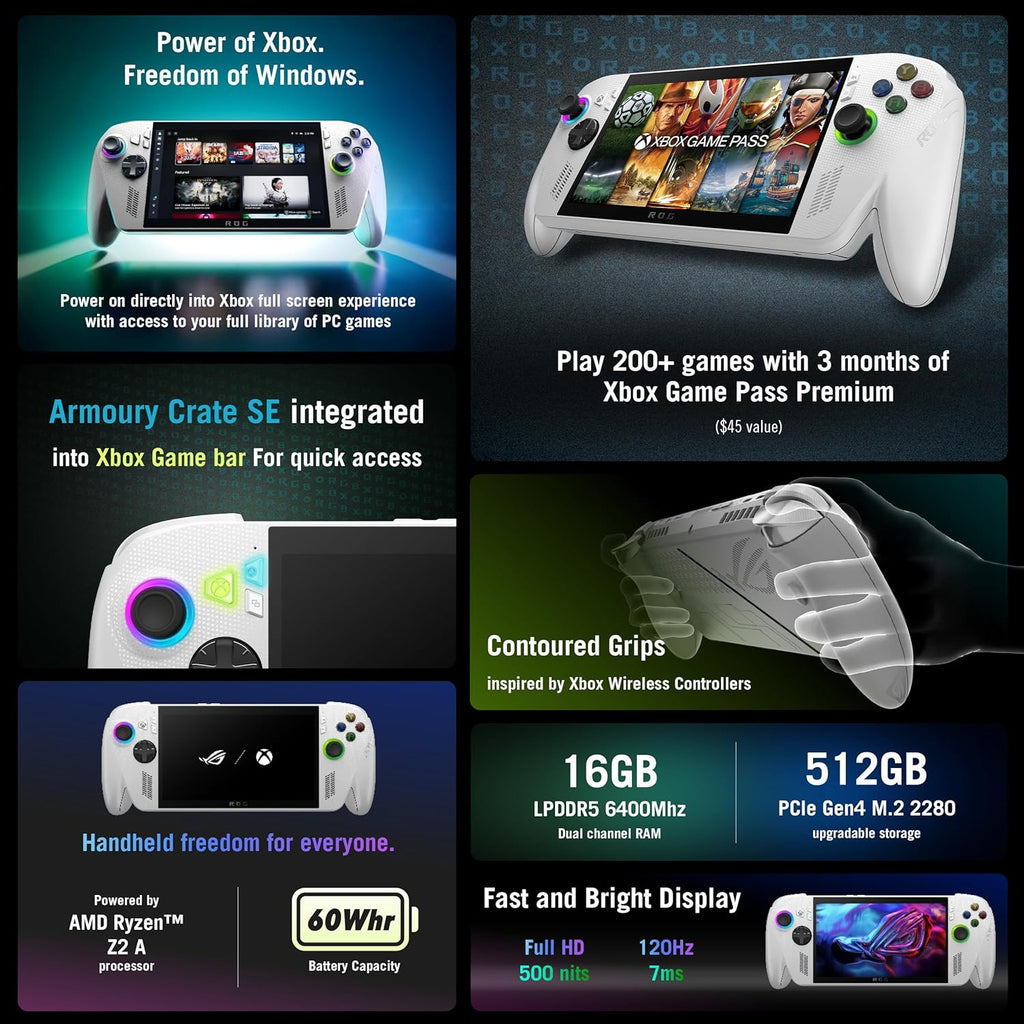 ROG Xbox Ally – 7” 1080P 120Hz Touchscreen Gaming Handheld, 3-Month Xbox Game Pass Premium Included, AMD Ryzen Z2 A, 16GB RAM, 512GB SSD, White