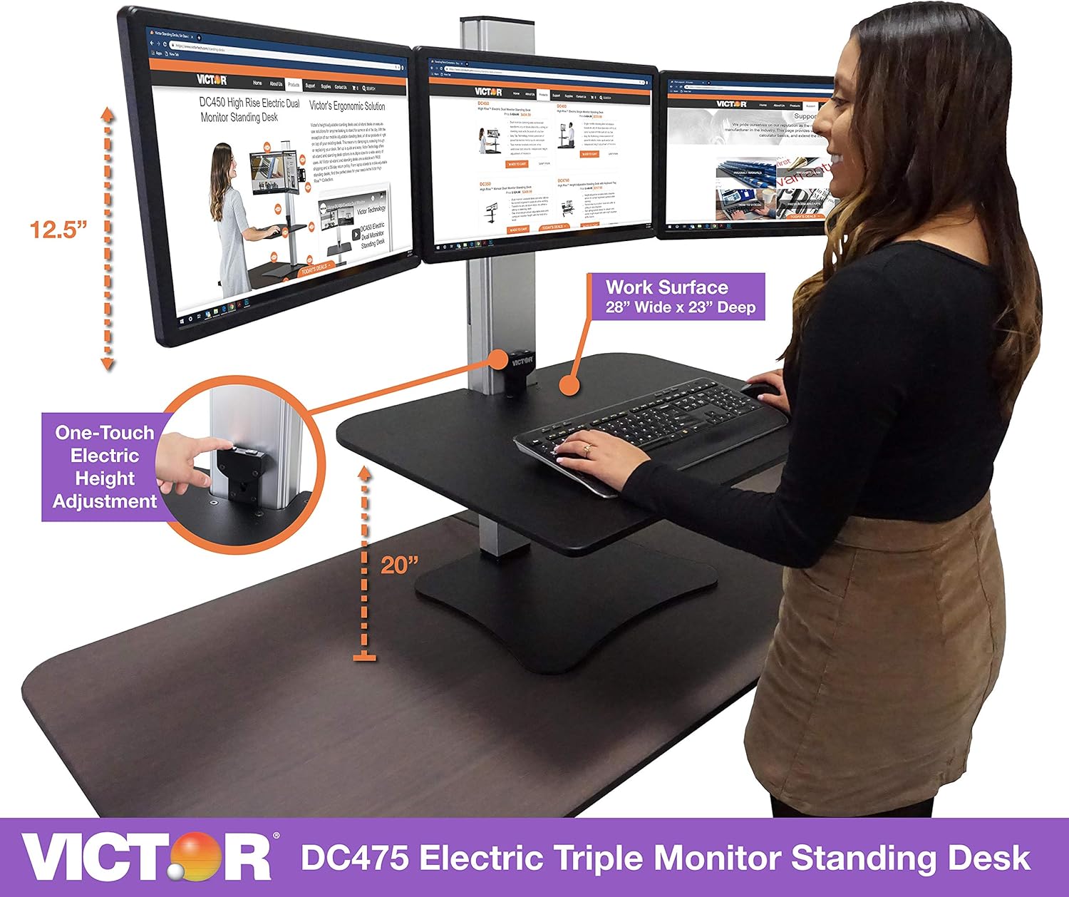 DC475 High Rise Electric Triple Monitor Standing Desk Converter | Three Large Monitor Sit-Stand Desk | 28” Wide Work Surface | Compatible with Any Standard Desk | Adjustable Monitor Holder