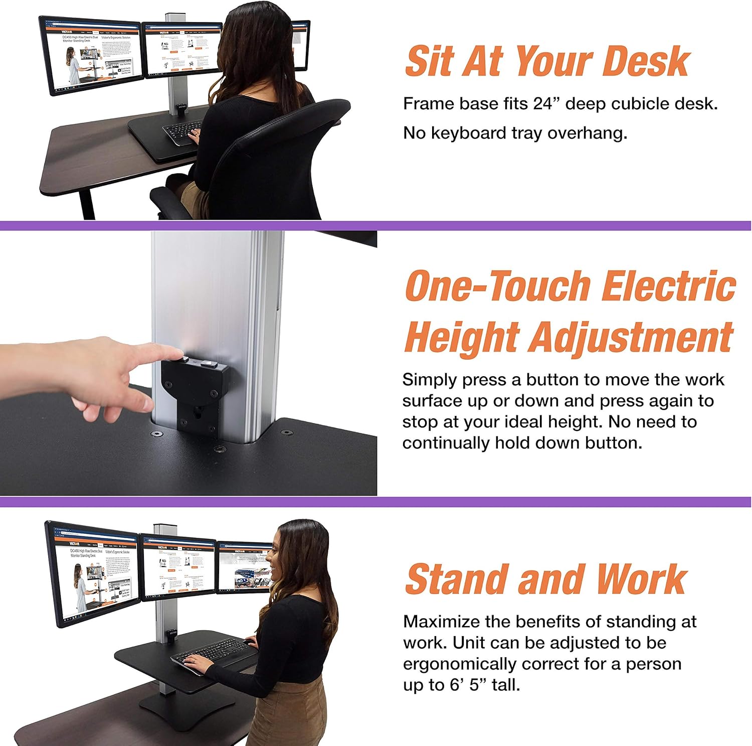 DC475 High Rise Electric Triple Monitor Standing Desk Converter | Three Large Monitor Sit-Stand Desk | 28” Wide Work Surface | Compatible with Any Standard Desk | Adjustable Monitor Holder