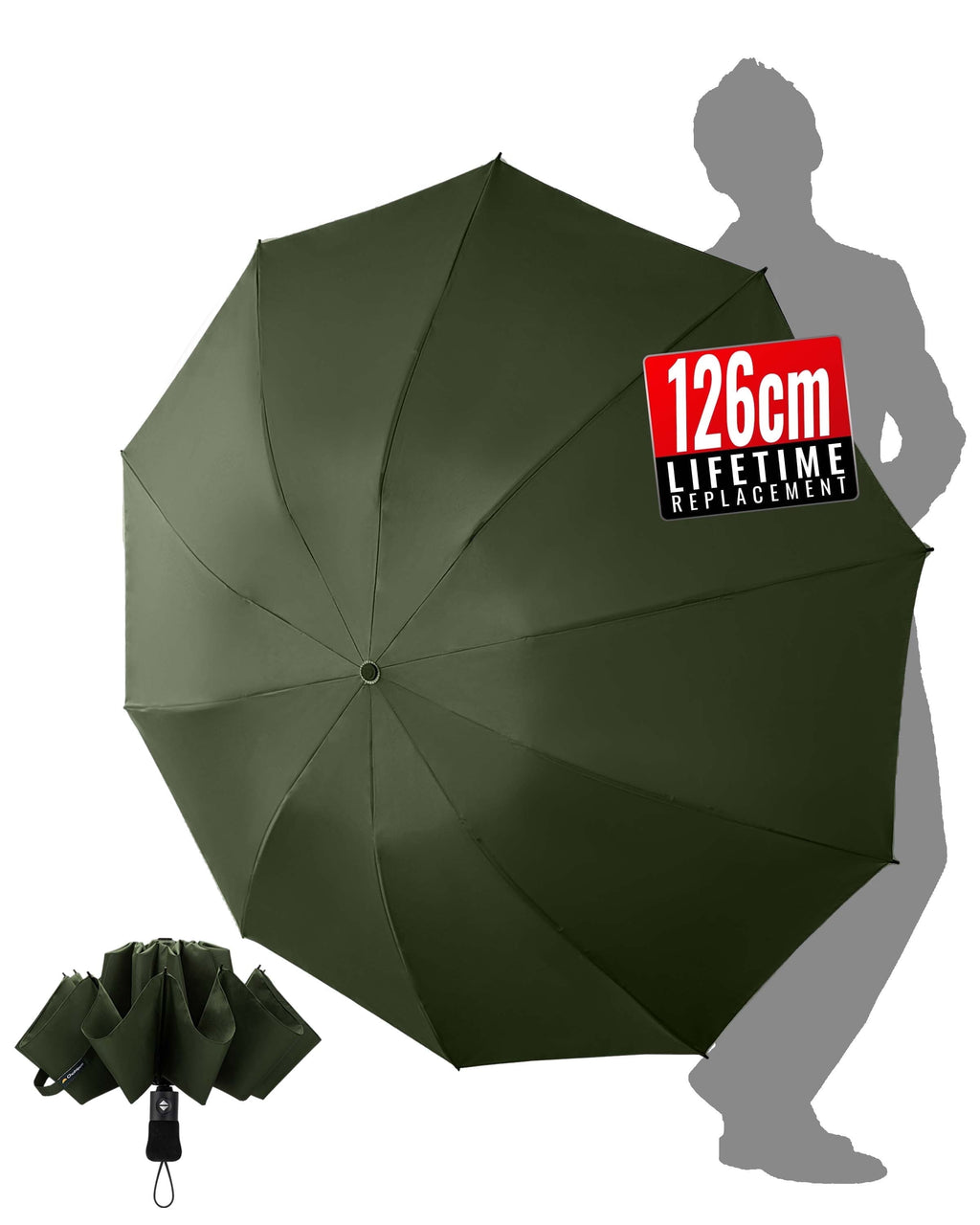 Inverted Umbrella,Large Automatic Reverse Windproof Compact Umbrella,114Cm Span-10 Ribs,Green