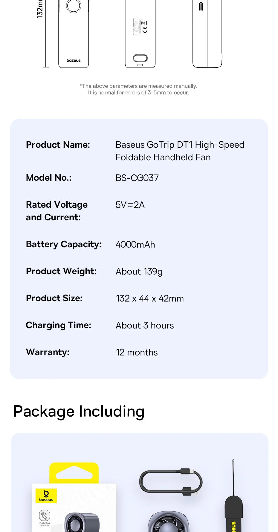Baseus Portable Handheld Fan High-Speed Foldable Mini Fan 5 Speed Adjustable with 4000mAh Rechargeable Fan for Home&Outdoor&Car