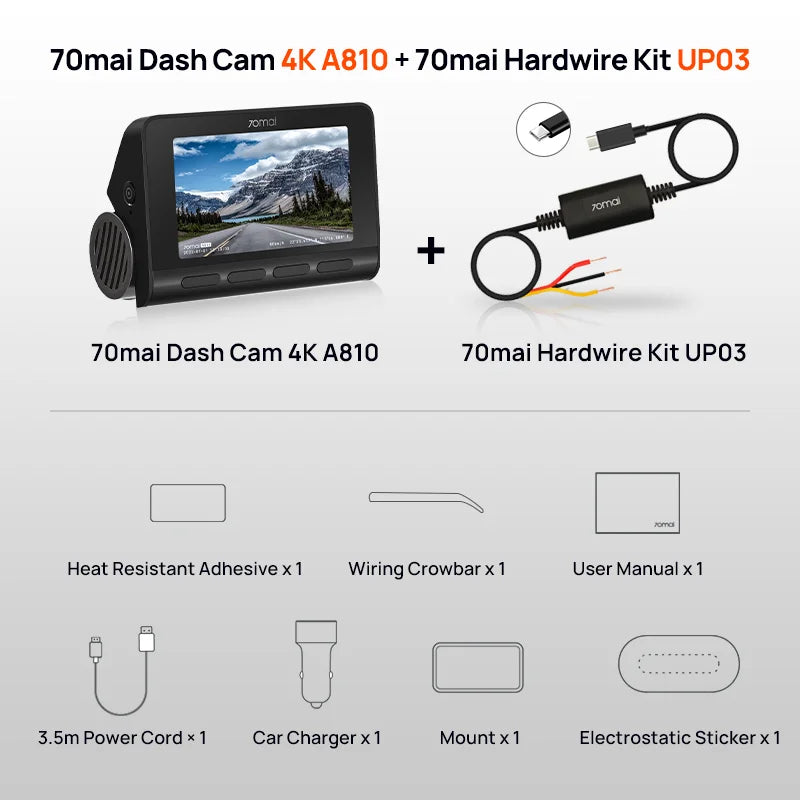 New 70mai Dash Cam A810S 4K HDR GPS ADAS Auto Record Dual-Channel Motion Detection 4G LTE Support Car DVR 70mai A810S 70mai A810