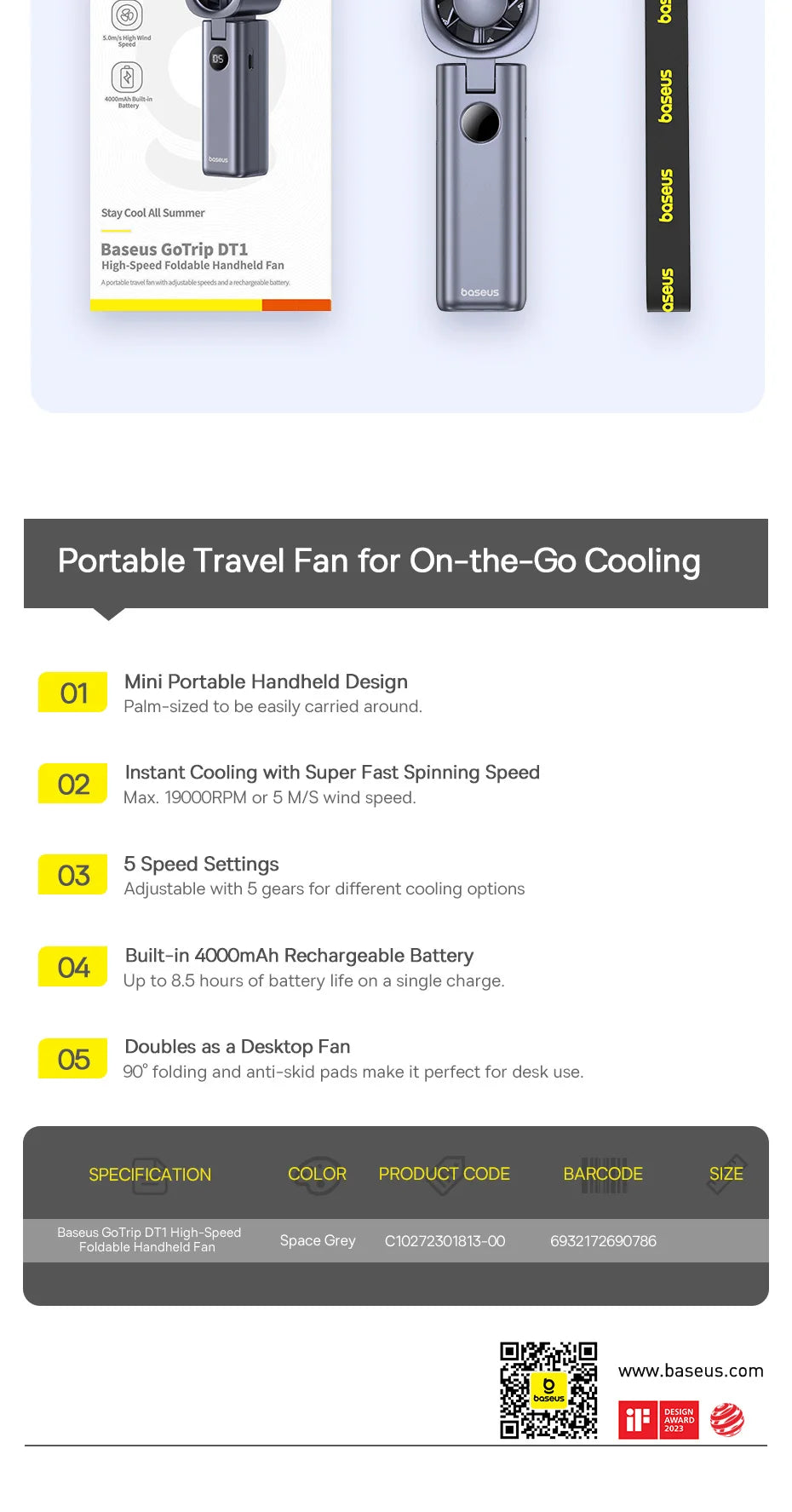 Baseus Portable Handheld Fan High-Speed Foldable Mini Fan 5 Speed Adjustable with 4000mAh Rechargeable Fan for Home&Outdoor&Car