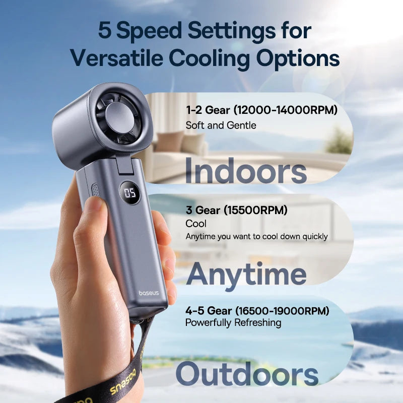 Baseus Portable Handheld Fan High-Speed Foldable Mini Fan 5 Speed Adjustable with 4000mAh Rechargeable Fan for Home&Outdoor&Car