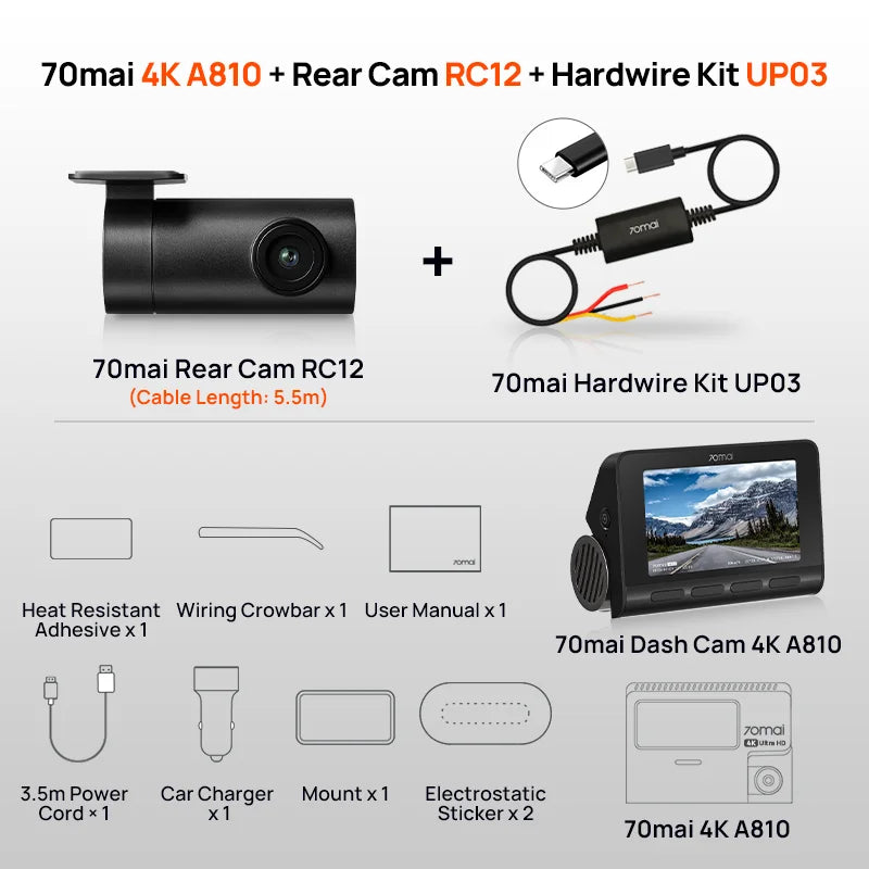 New 70mai Dash Cam A810S 4K HDR GPS ADAS Auto Record Dual-Channel Motion Detection 4G LTE Support Car DVR 70mai A810S 70mai A810
