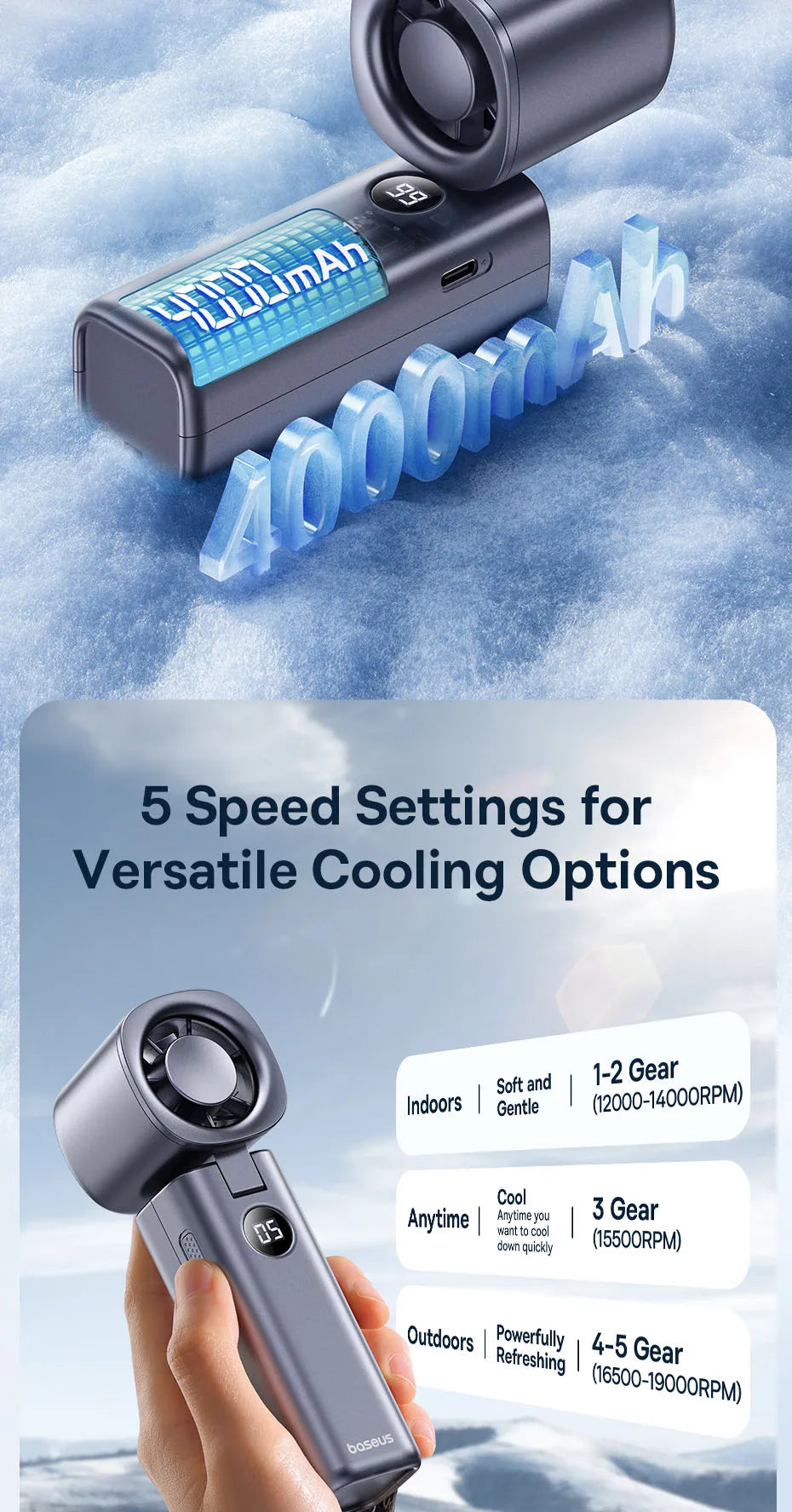 Baseus Portable Handheld Fan High-Speed Foldable Mini Fan 5 Speed Adjustable with 4000mAh Rechargeable Fan for Home&Outdoor&Car