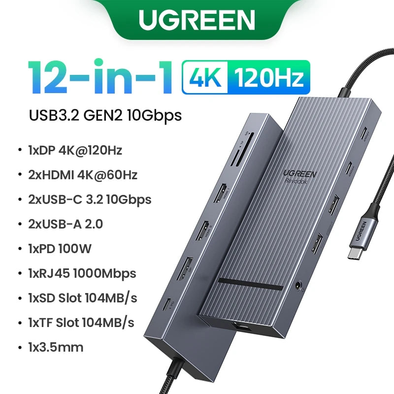 UGREEN 12-in-1 USB HUB Type-C to 2HDMI 4K120Hz DP USB3.2 10Gbps SD/TF RJ45 PD100W for MacBook Dell HP Laptop Accessories Docking