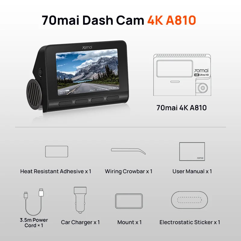 New 70mai Dash Cam A810S 4K HDR GPS ADAS Auto Record Dual-Channel Motion Detection 4G LTE Support Car DVR 70mai A810S 70mai A810