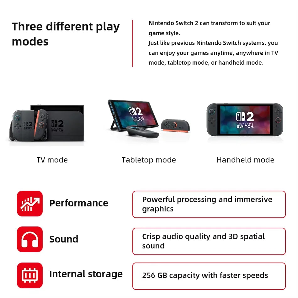 Nintendo Switch 2 Original NS2 3 Play Modes Wifi6 Bluetooth Portable Gaming Console 5220mAh 256GB Storage 7.9" LCD Touch Screen