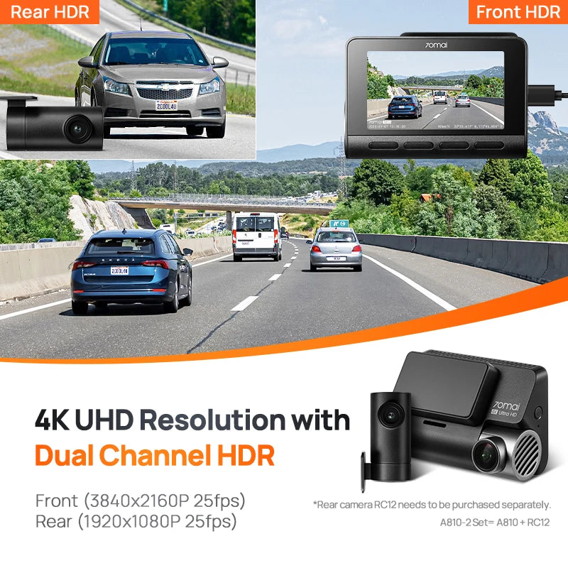 New 70mai Dash Cam A810S 4K HDR GPS ADAS Auto Record Dual-Channel Motion Detection 4G LTE Support Car DVR 70mai A810S 70mai A810
