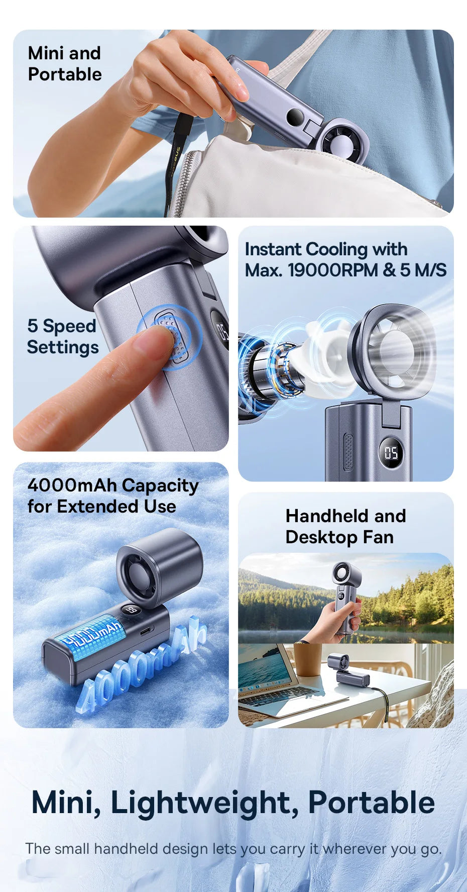 Baseus Portable Handheld Fan High-Speed Foldable Mini Fan 5 Speed Adjustable with 4000mAh Rechargeable Fan for Home&Outdoor&Car