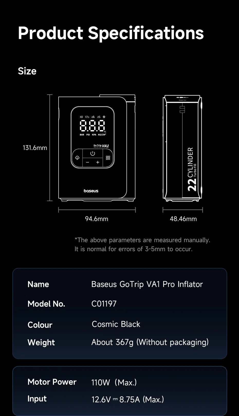 New Baseus GoTrip VA1 Pro/Max Car Air Pump 7500mAh Air Compressor Portable Tire Inflator for Motorcycle Bicycle Ball Car Pump