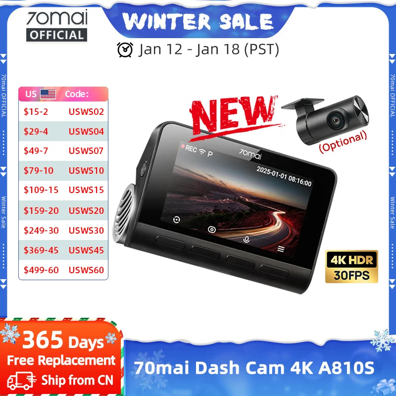 New 70mai Dash Cam A810S 4K HDR GPS ADAS Auto Record Dual-Channel Motion Detection 4G LTE Support Car DVR 70mai A810S 70mai A810
