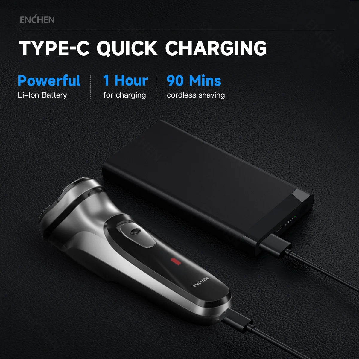 ENCHEN Blackstone Electrical Rotary Shaver for Men 3D Floating Blade Washable Type-C USB Rechargeable Shaving Beard Machine