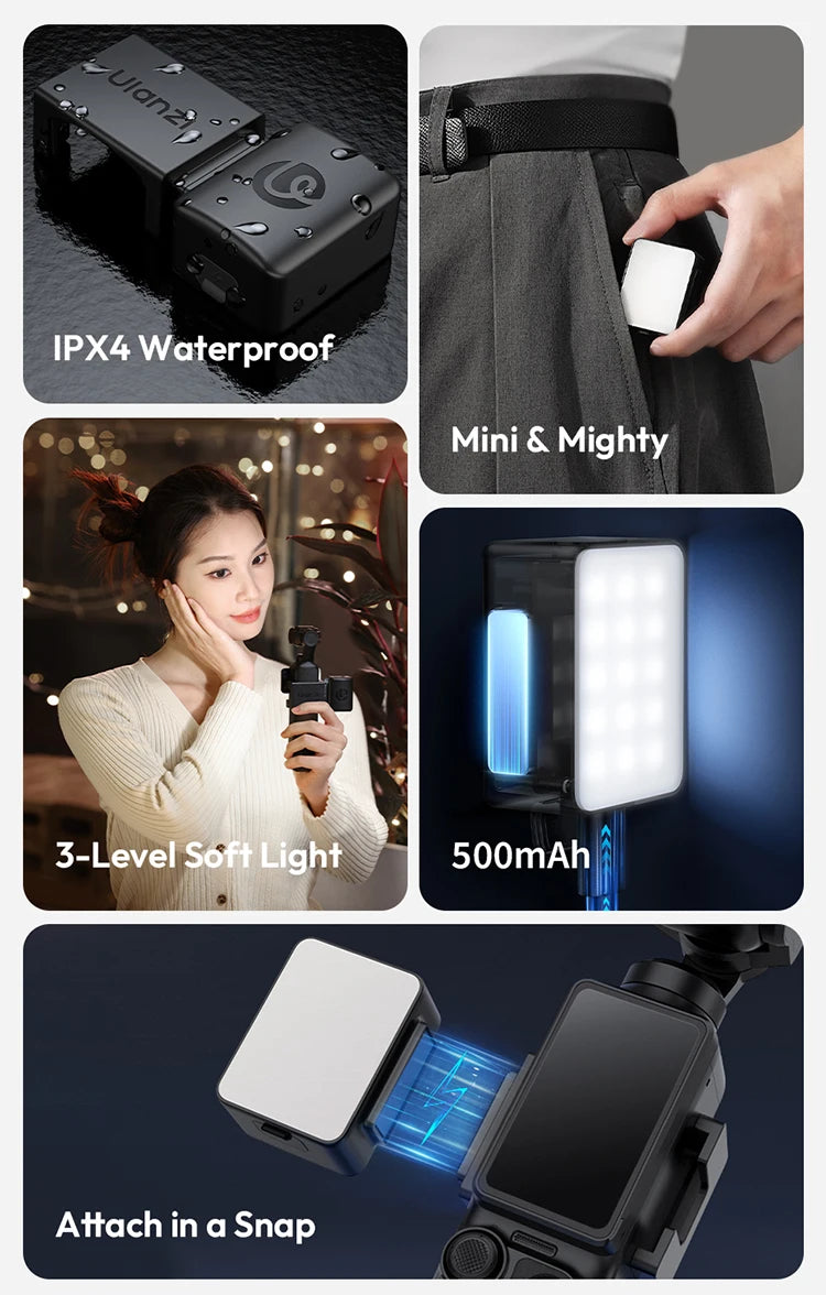 Ulanzi LM001 Pocket 3 Magnetic Mini Led Light Waterproof Video Light for DJI Osmo Pocket 3 for Vlogging Live 500mah Rechargeable