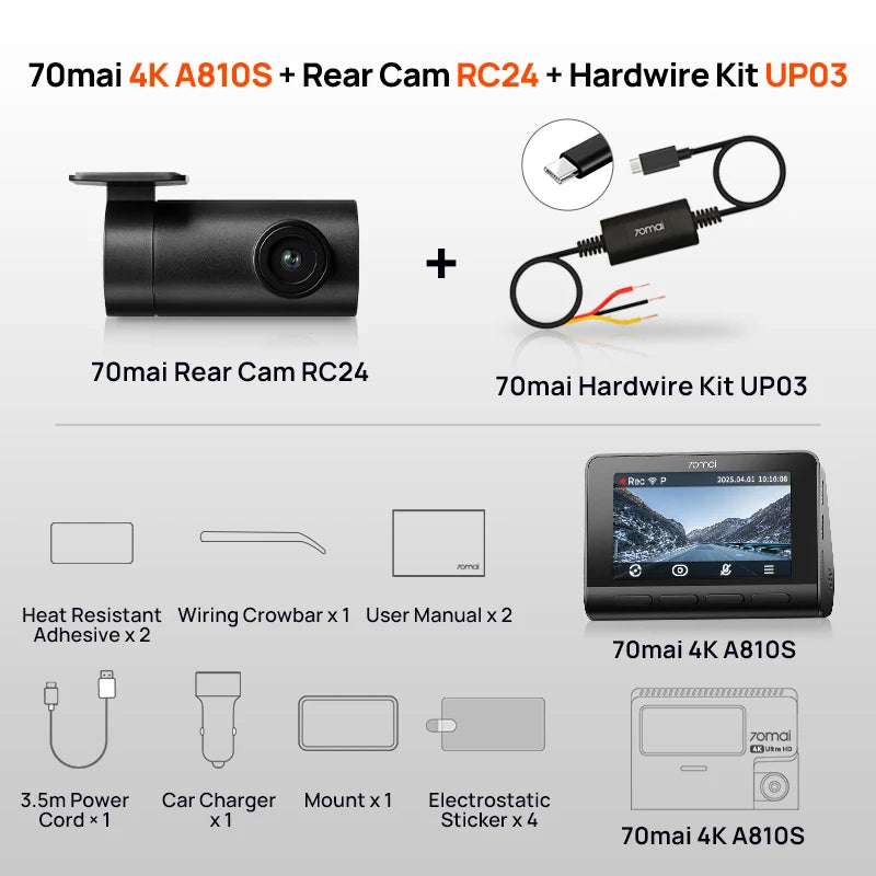 New 70mai Dash Cam A810S 4K HDR GPS ADAS Auto Record Dual-Channel Motion Detection 4G LTE Support Car DVR 70mai A810S 70mai A810