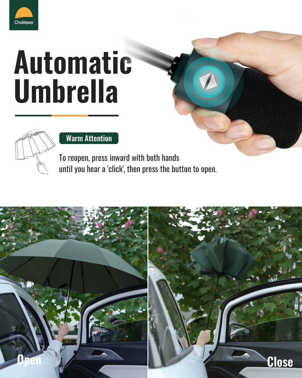 Inverted Umbrella,Large Automatic Reverse Windproof Compact Umbrella,114Cm Span-10 Ribs,Green